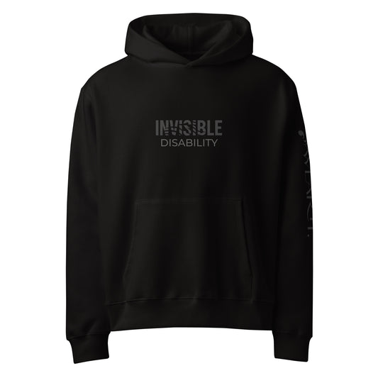 Invisible Disability oversized unisex hoodie featuring minimalist text design representing rare, chronic, and invisible conditions awareness