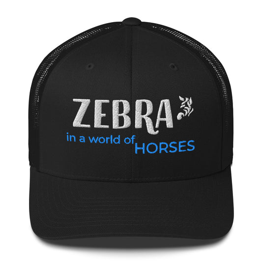 Zebra in a World of Horses trucker cap by WearIt., featuring a zebra-inspired design representing individuality and invisible conditions awareness.