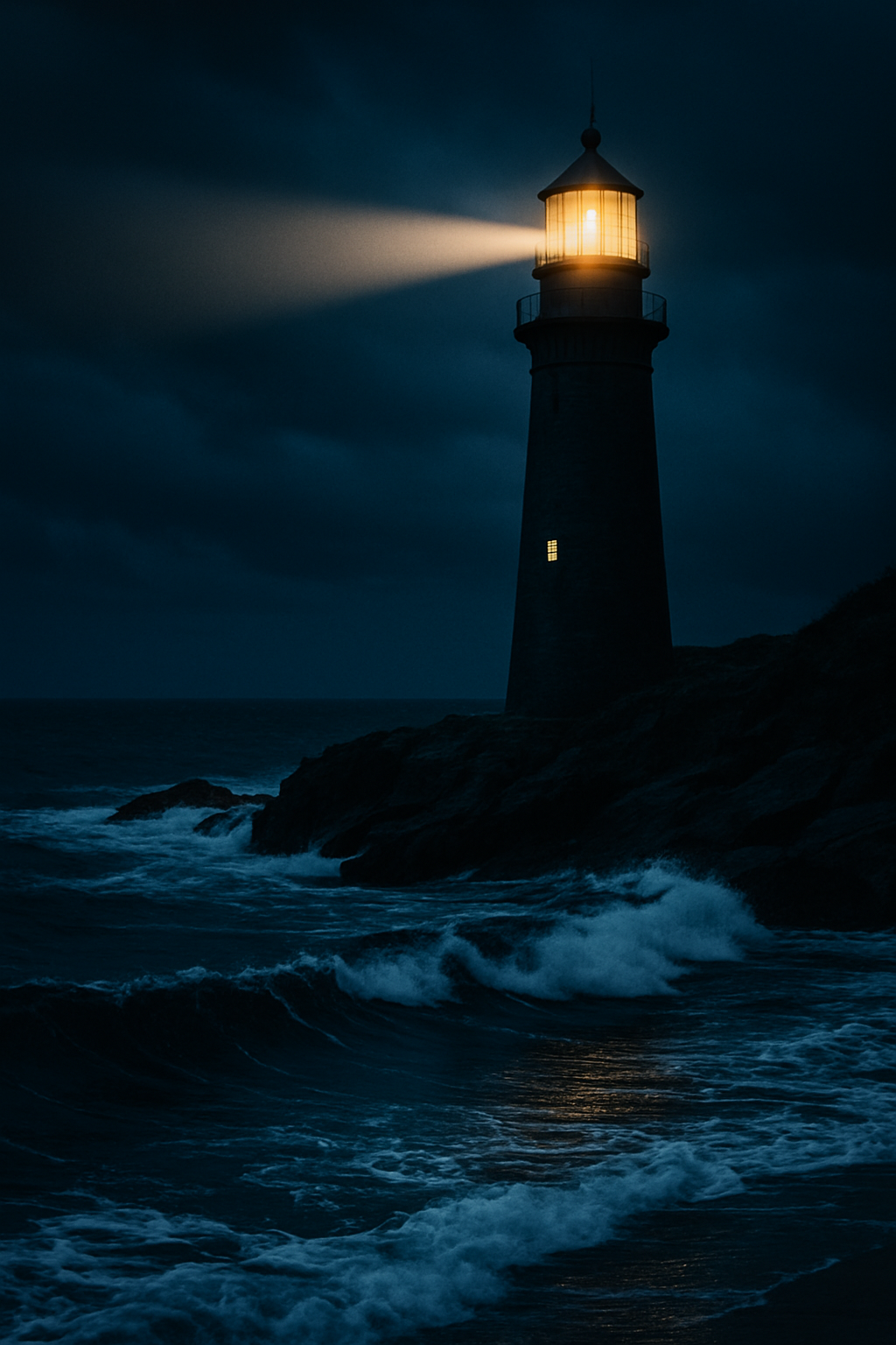 A lighthouse casting light across dark ocean waves at night, symbolizing guidance, safety, and support in difficult moments.