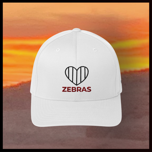White cap with 'ZEBRAS' logo on a blurred beach background