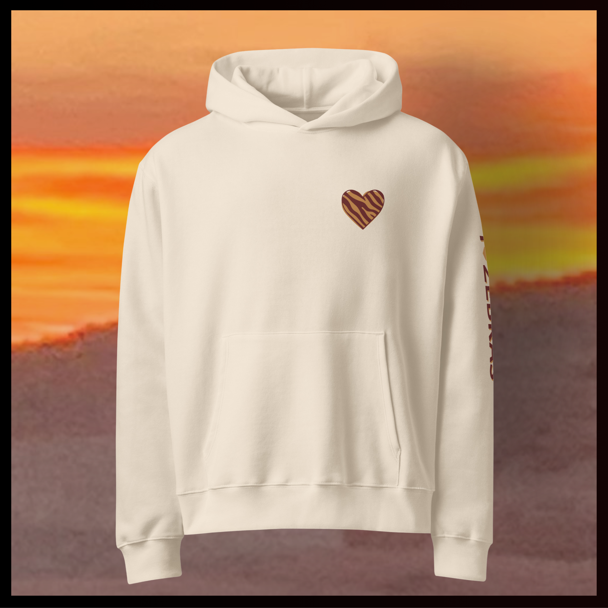 Beige hoodie with a heart design on a desert background
