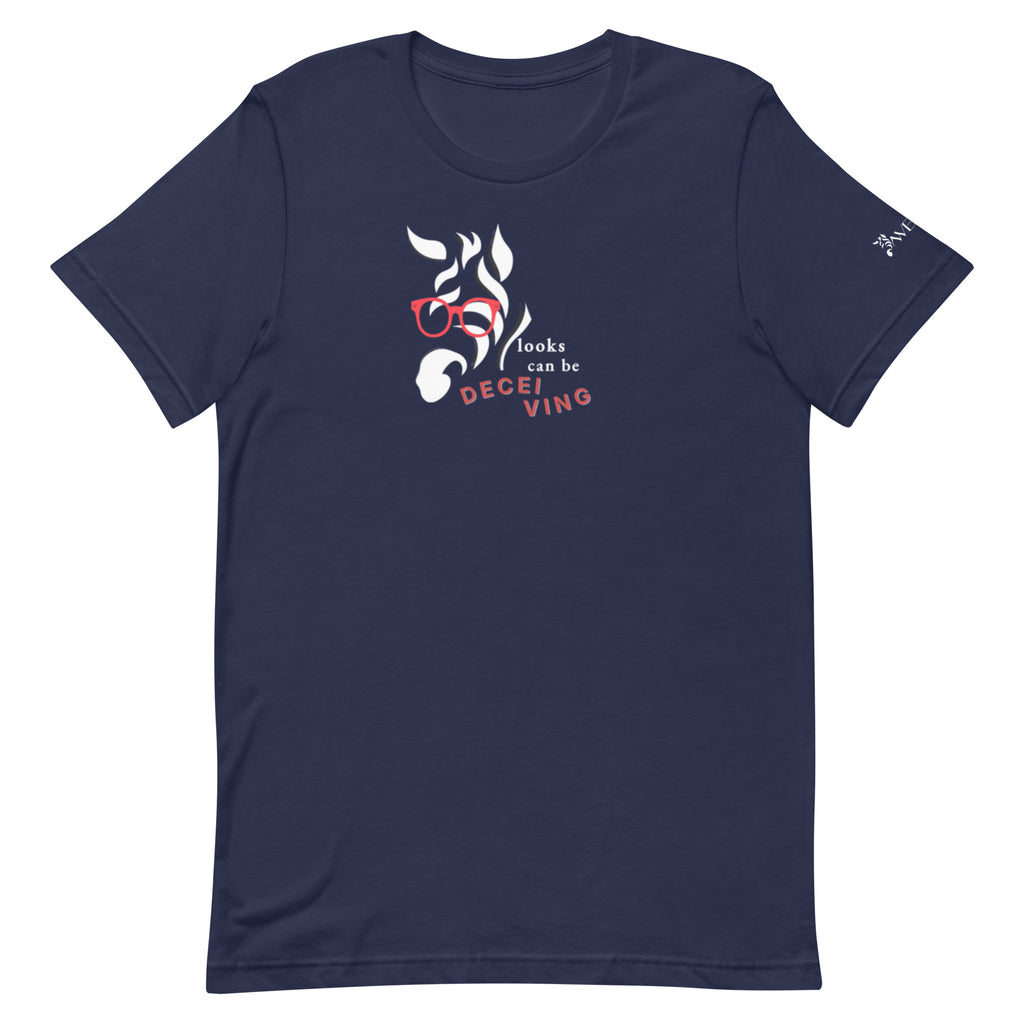 Looks Can Be Deceiving unisex t-shirt featuring minimalist text design representing rare, chronic and invisible conditions awareness