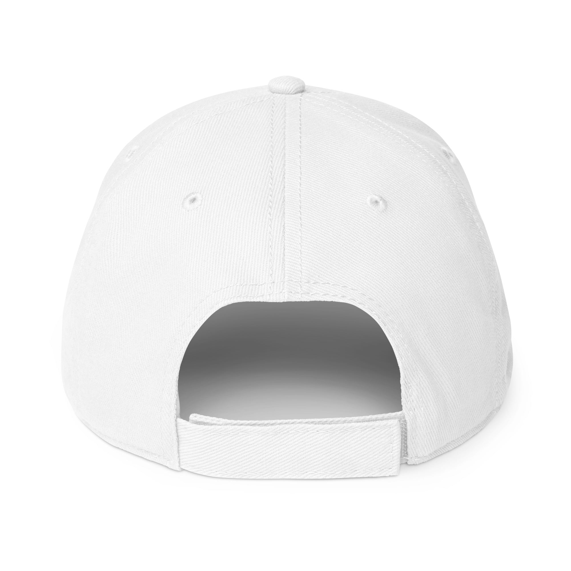 Zebra low-profile white baseball cap by WearIt., featuring a minimalist zebra design supporting rare, chronic, and invisible conditions awareness.
