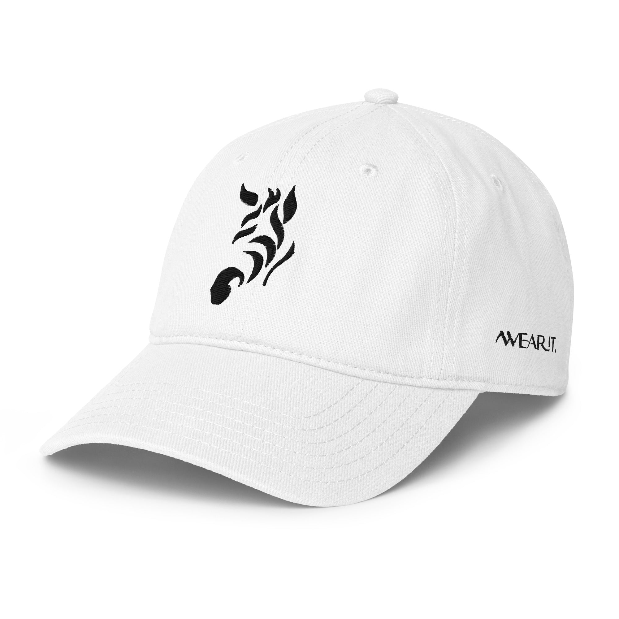 Zebra low-profile white baseball cap by WearIt., featuring a minimalist zebra design supporting rare, chronic, and invisible conditions awareness.