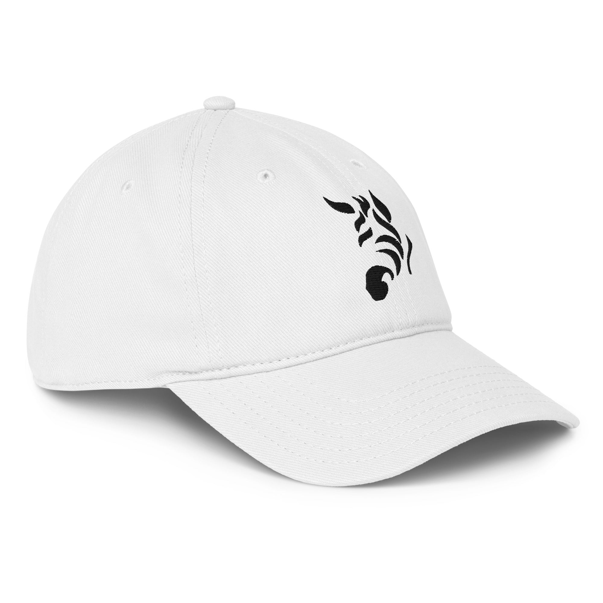Zebra low-profile white baseball cap by WearIt., featuring a minimalist zebra design supporting rare, chronic, and invisible conditions awareness.