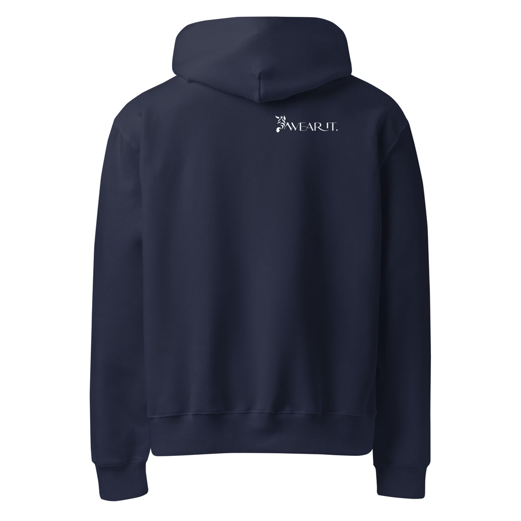 Navy blue rare disease hoodie with a "every stripe has a story" graphic on the sleeve against a white background with white WearIt logo in the back