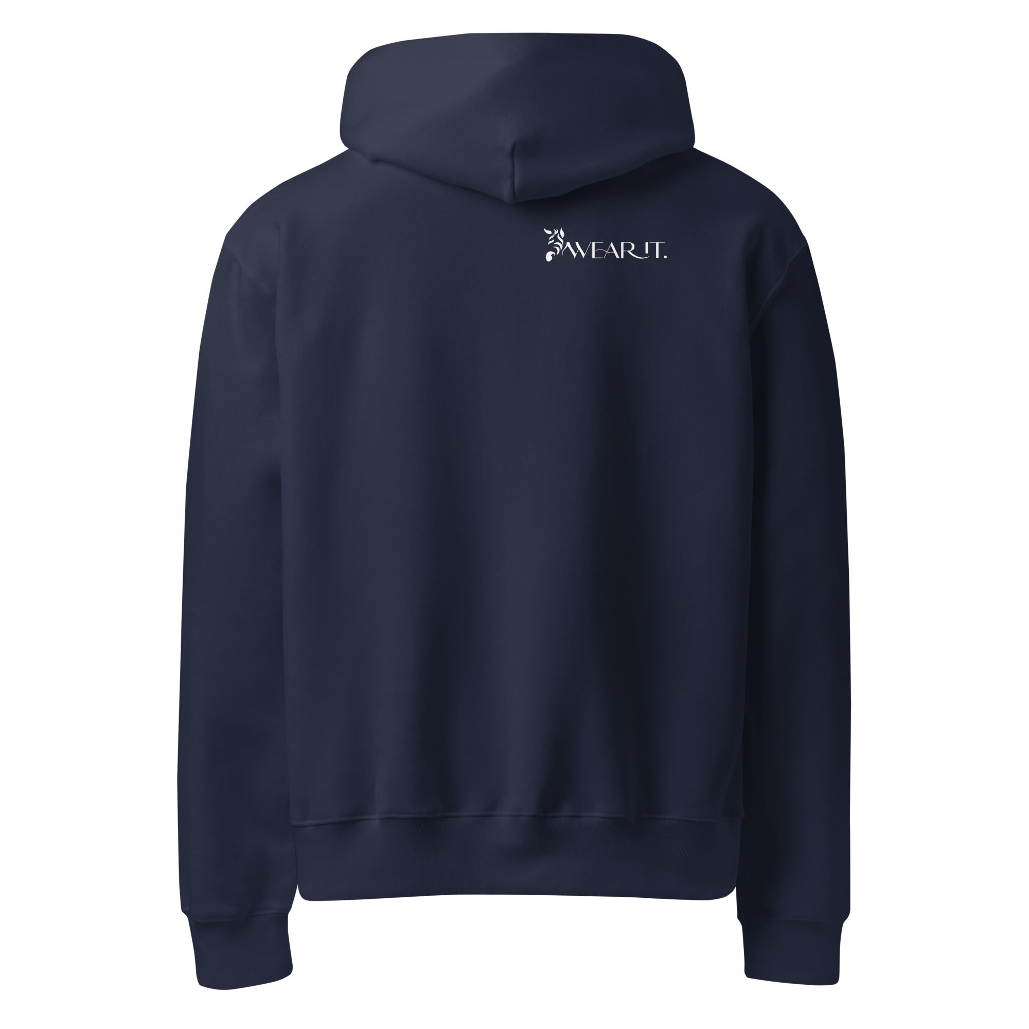 Navy blue rare disease hoodie with a "every stripe has a story" graphic on the sleeve against a white background with white WearIt logo in the back