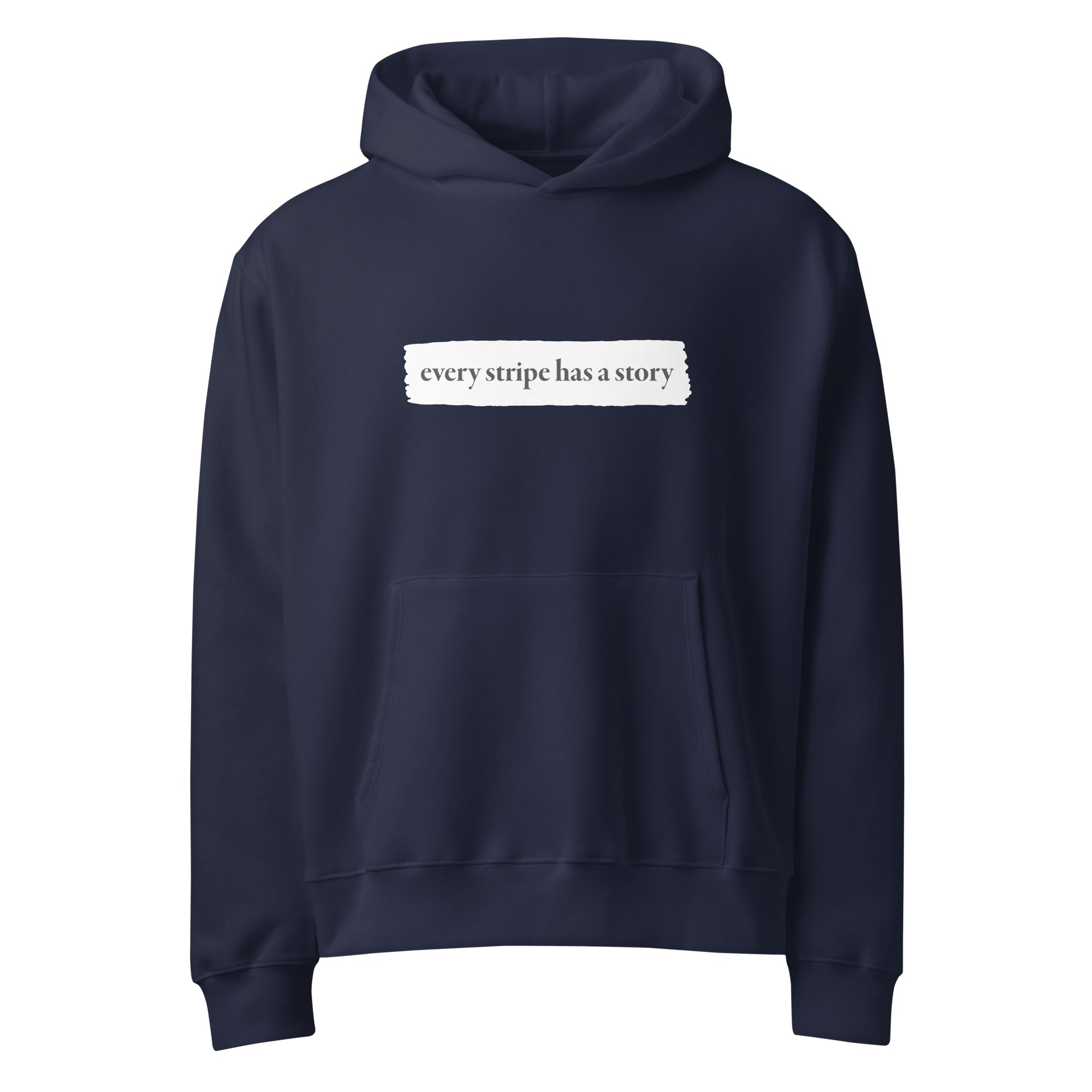 Navy blue Chronic Illness hoodie with text 'every stripe has a story' on a white background