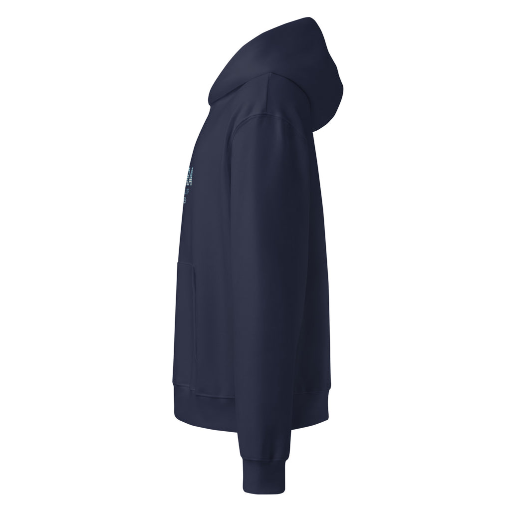 Navy blue disability advocacy hoodie on a white background