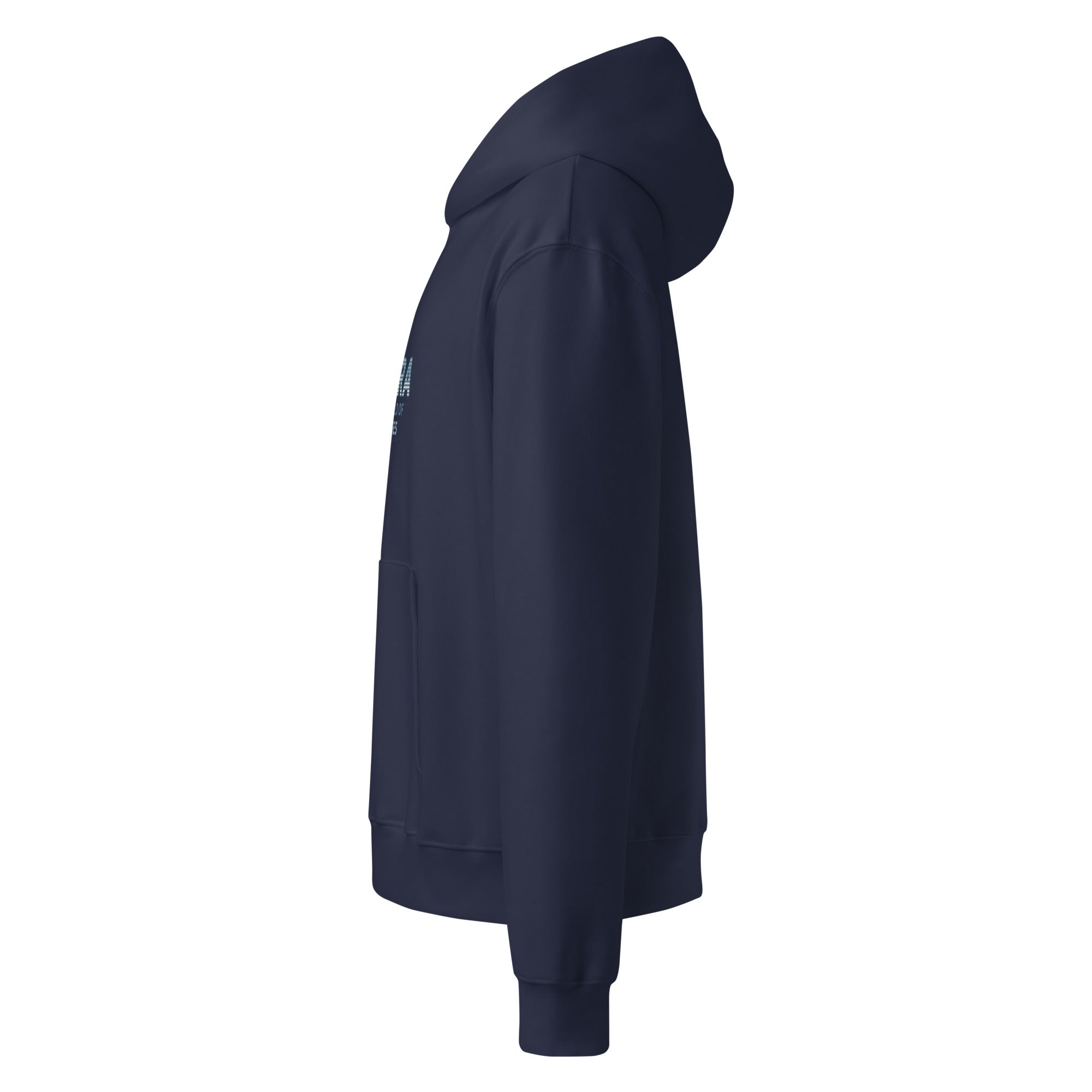 Navy blue disability advocacy hoodie on a white background