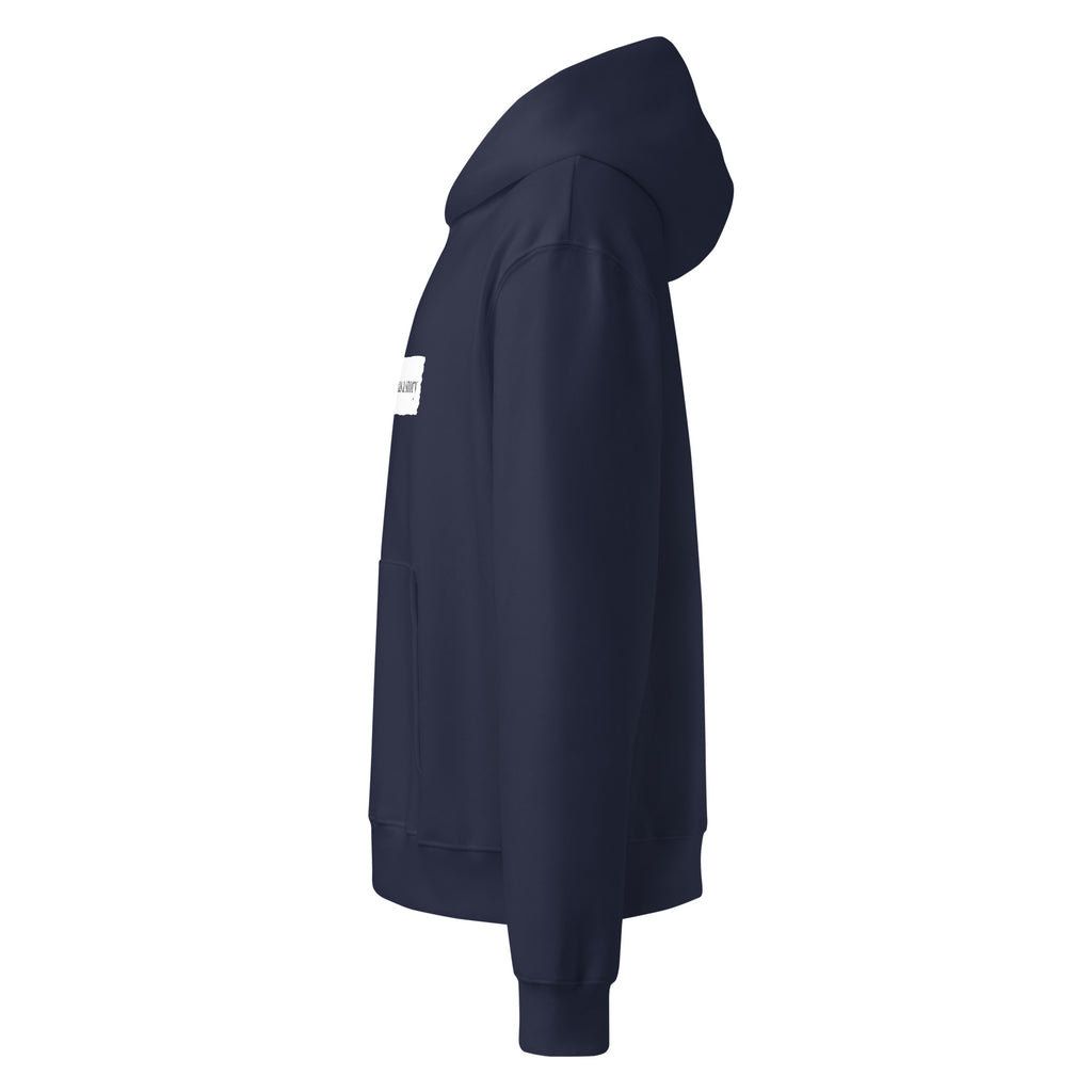 Navy blue rare disease hoodie with a "every stripe has a story" graphic on the sleeve against a white background from the side