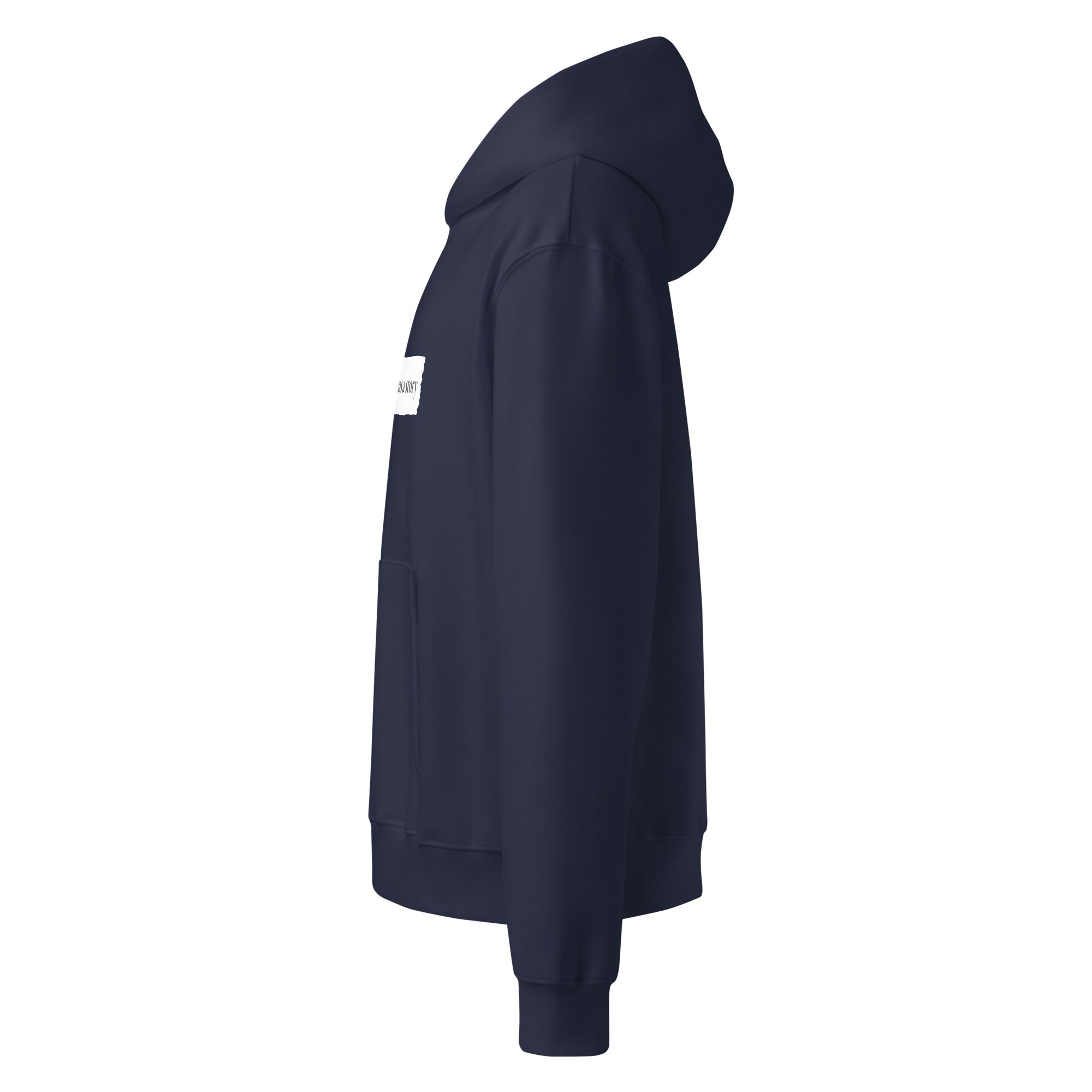 Navy blue rare disease hoodie with a "every stripe has a story" graphic on the sleeve against a white background from the side