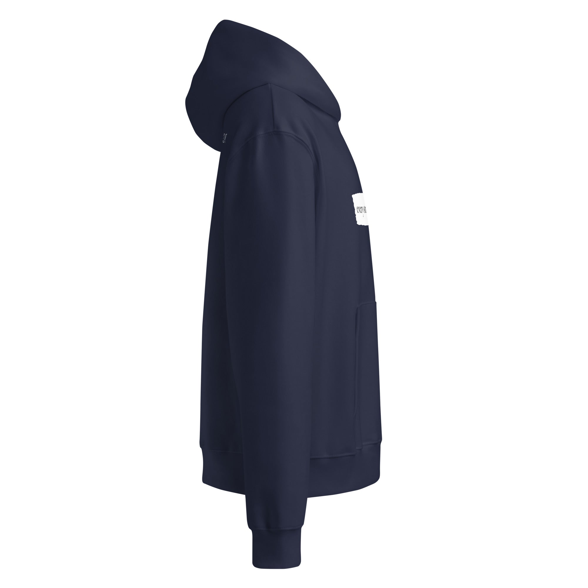Navy blue rare disease hoodie with a "every stripe has a story" graphic on the sleeve against a white background from the side