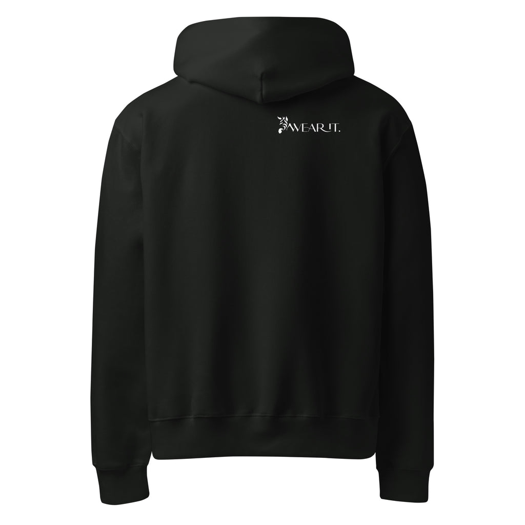 Black rare disease hoodie with text 'every stripe has a story' on a white background with white WearIt logo on back