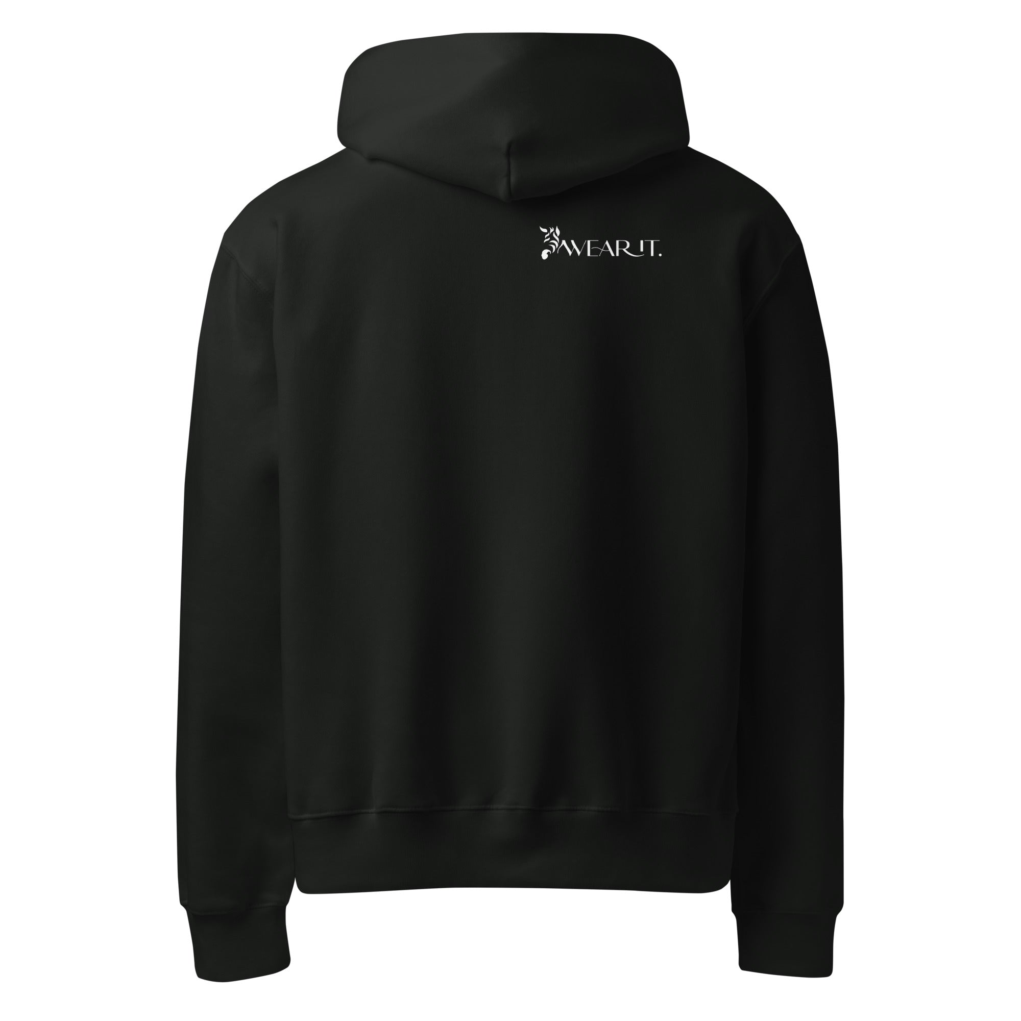 Black rare disease hoodie with text 'every stripe has a story' on a white background with white WearIt logo on back