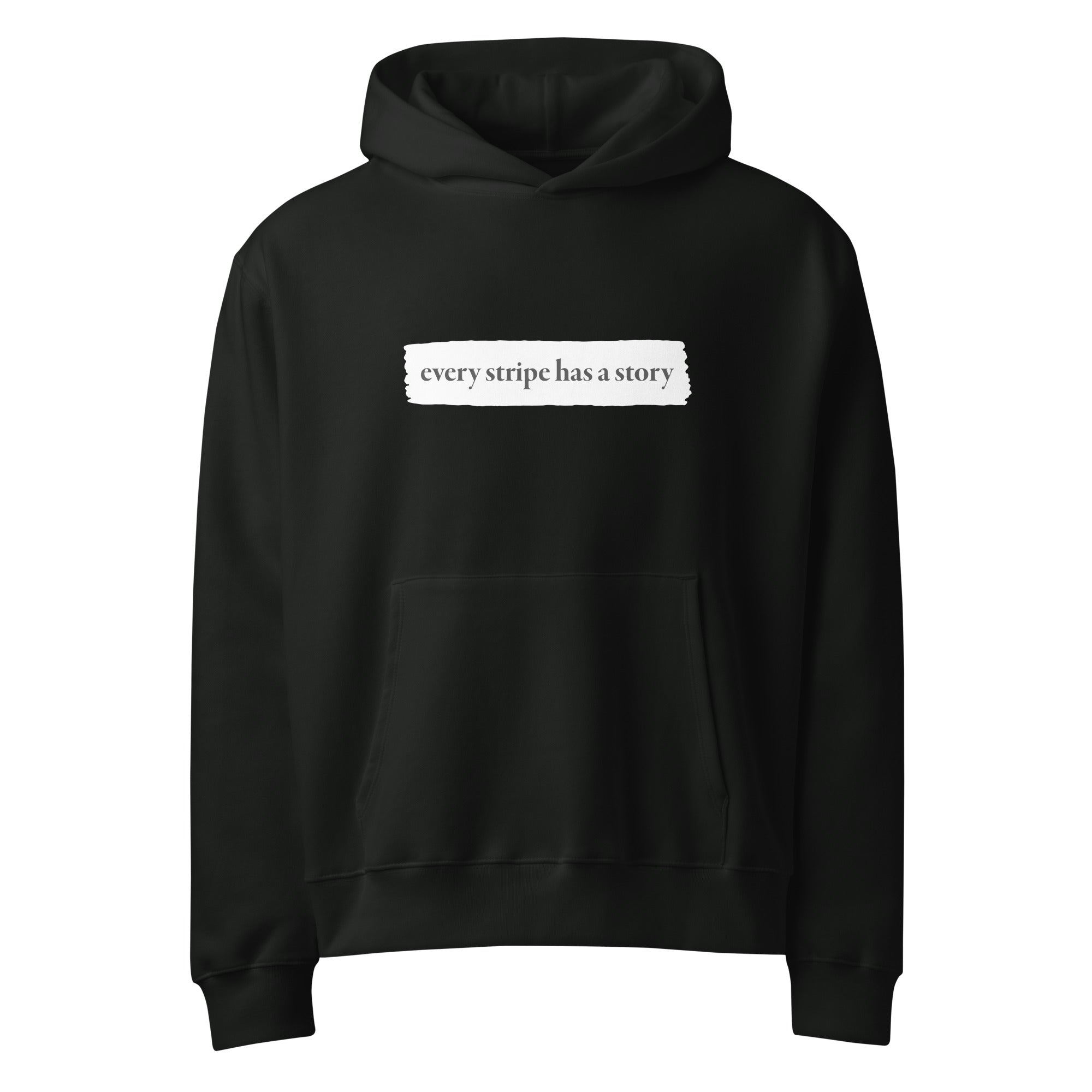 Black rare disease hoodie with text 'every stripe has a story' on a white background