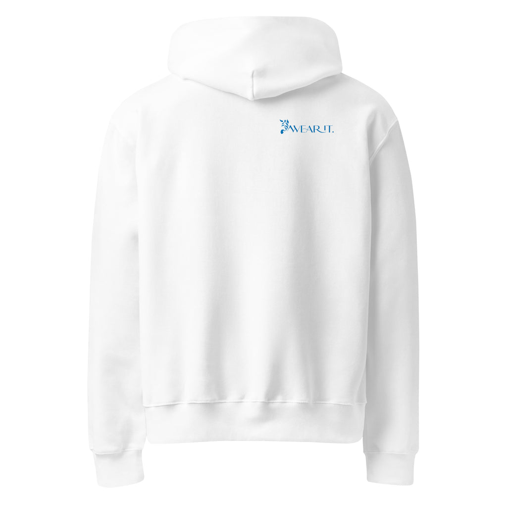 White Disability Awareness hoodie with a Wearit logo on the chest against a white background