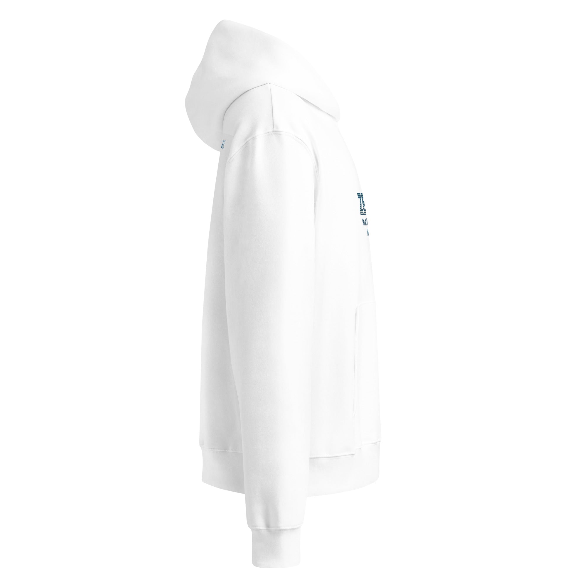 White Disability Awareness hoodie with blue "Zebra In A World Full of Horses" branding on a white background from side