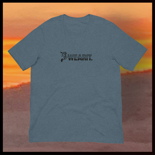 Blue t-shirt with a logo and text on a desert sunset background