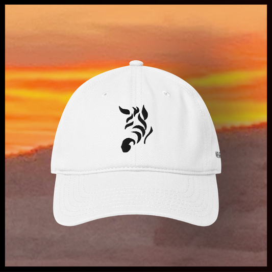 white hat with zebra logo on desert background