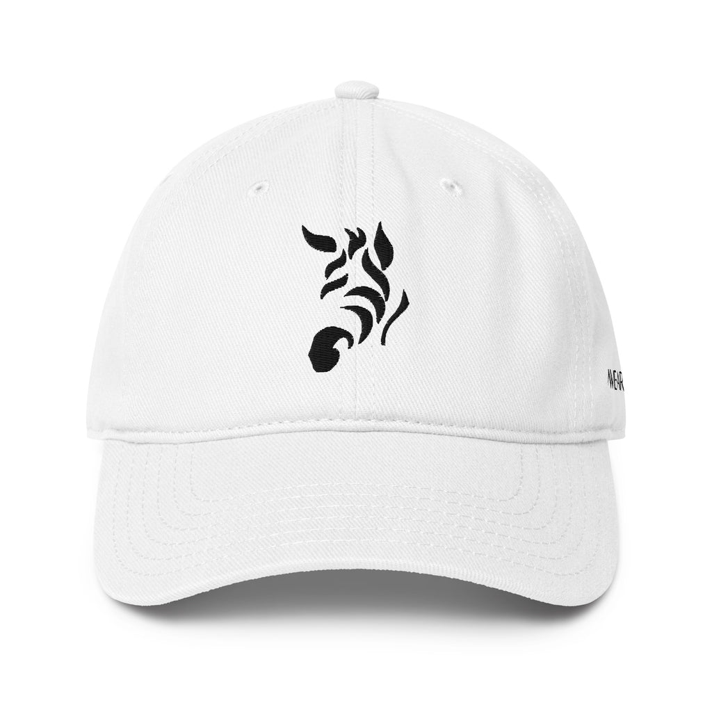 Zebra low-profile white baseball cap by WearIt., featuring a minimalist zebra design supporting rare, chronic, and invisible conditions awareness.