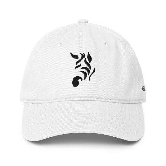 Zebra low-profile baseball cap by WearIt., featuring a minimalist zebra design supporting rare, chronic, and invisible conditions awareness.